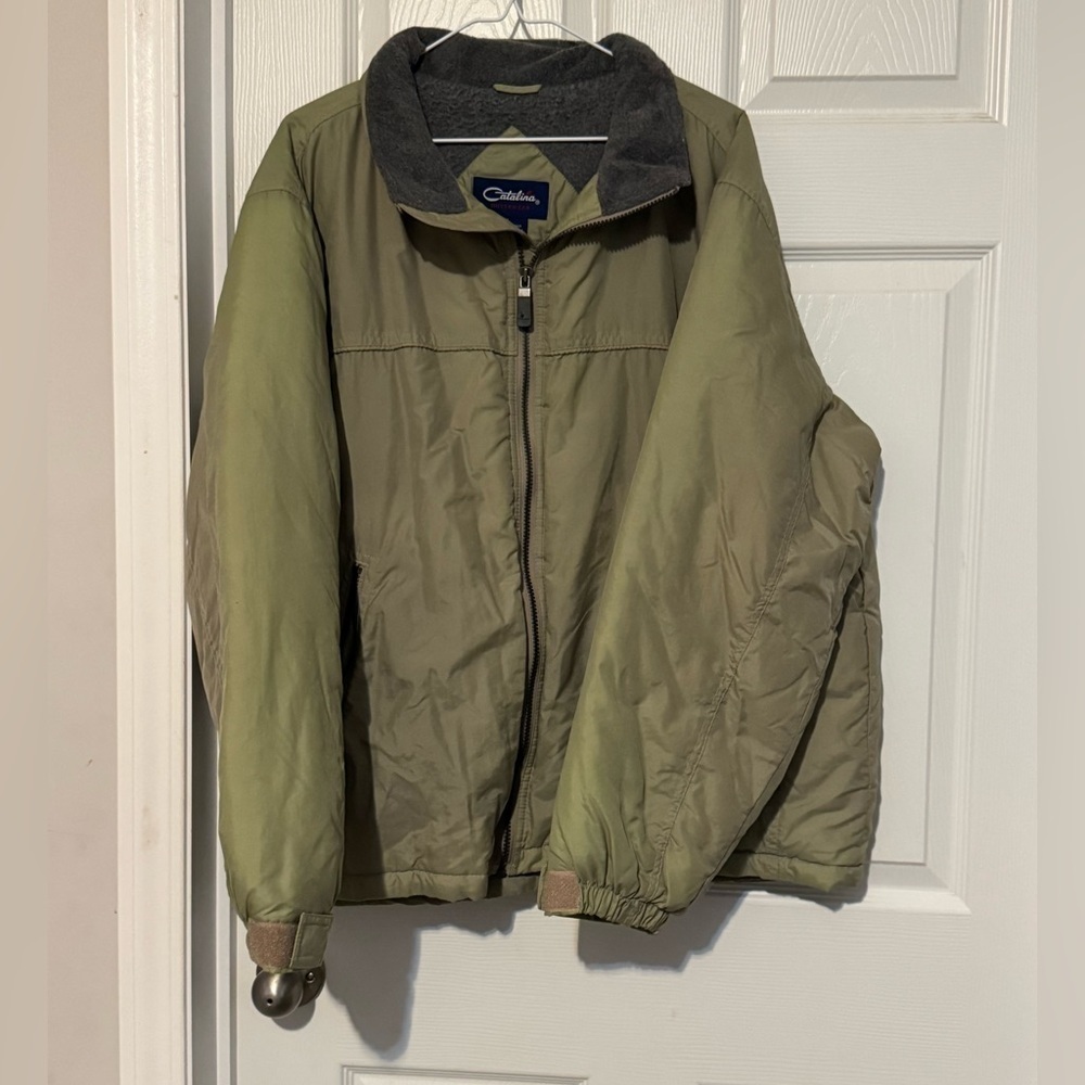 Catalina Outerwear Mens Jacket Lg Beige Full Zip Pockets Rain Hood Inside Collar